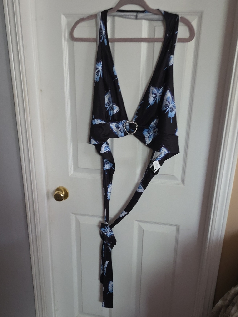 SHEIN Black Crop Top with Light Blue Butterfly Print